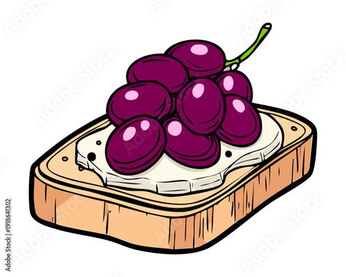 Sliced baguette topped with cream cheese and fresh purple grapes for a tasty mediterranean style snack - Vector Illustration