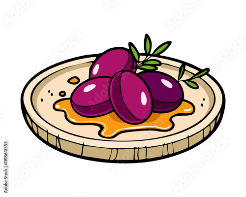 Freshly harvested purple grapes served on a wooden platter with a drizzling of sweet golden honey - Vector Illustration