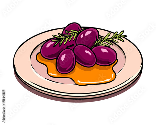 Simple serving of fresh purple grapes and honey on a wooden dish for a healthy snack - Vector Illustration