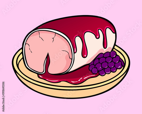 Roasted pork loin served with a sweet purple grape sauce and fresh fruit on a plate - Vector Illustration