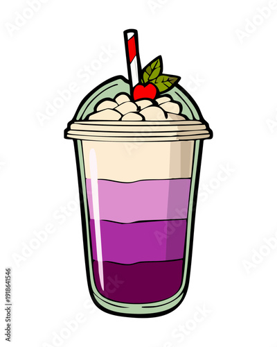 Tall glass of layered grape and cream milkshake with a cherry on top for a treat - Vector Illustration