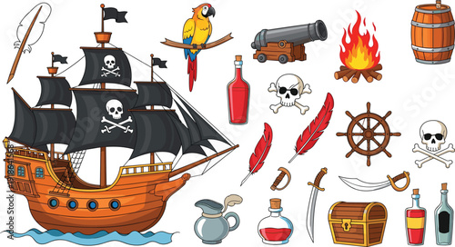 Pirate ship silhouette illustration with skull sails, parrot, treasure chest, cannon, sword, creative vector art for adventure themes