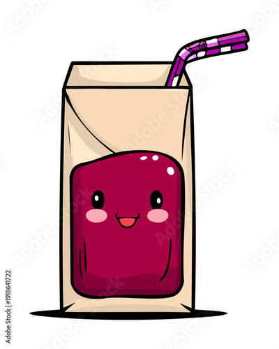 Cute kawaii grape juice box with a smiling face and straw for kids drink packaging - Vector Illustration