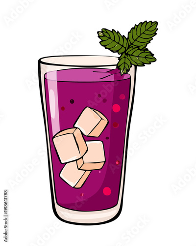 Purple fruit juice with fresh mint and ice served in a tall glass for summer - Vector Illustration