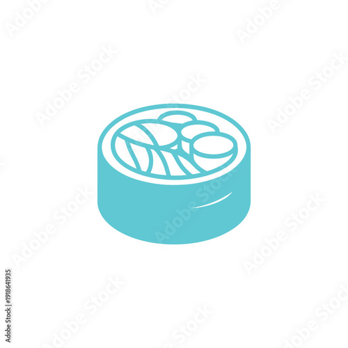 A teal sushi roll with rice and fillings on a white background
