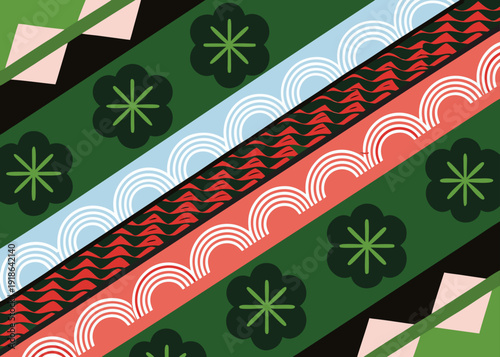 Traditional japanese pattern with diagonal bands of flowers waves and geometric shapes