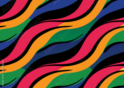 Overlapping wavy paint bands in vibrant orange, pink, black, blue, and green flow diagonally across the frame in a dense, seamless repeating pattern.