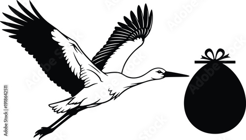 Silhouette vector illustration of stork flying with bundle ribbon in beak, symbolic childbirth folklore design for baby announcement
