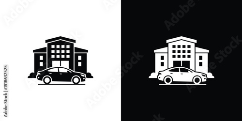 A white and black illustration of a car parked in front of a building