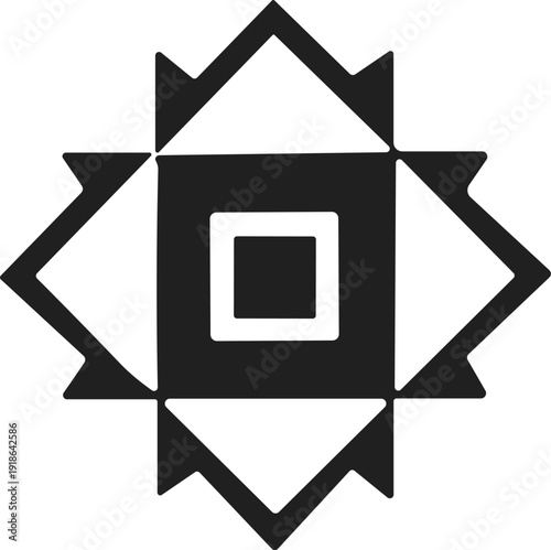 Symmetrical geometric vector illustration, layered square and diamond shapes, mandala inspired artwork, decorative black and white design background pattern
