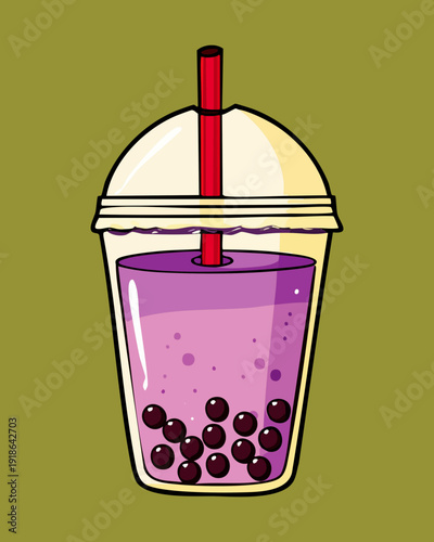 Grape flavored bubble tea with black tapioca pearls and straw for sweet cold refreshment drink menu - Vector Illustration