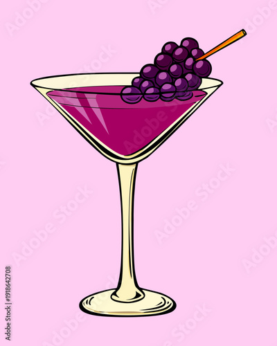 Classy grape cocktail in tall glass with berry garnish for upscale bar and restaurant drink menu - Vector Illustration