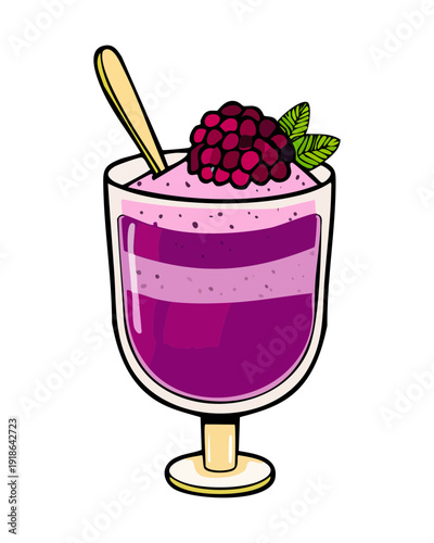 Layered grape yogurt parfait with purple berries and mint leaf for healthy breakfast and snack - Vector Illustration