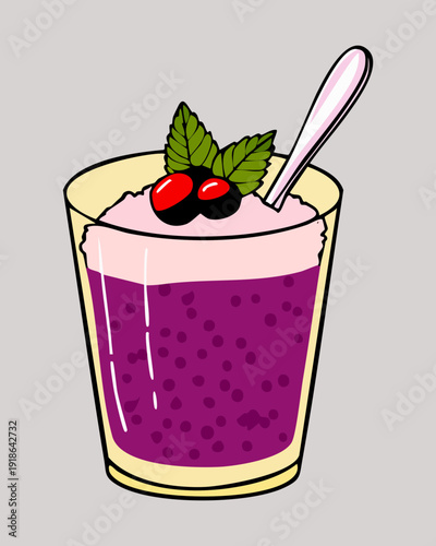 Healthy grape mousse dessert with fruit garnish and spoon in glass for sweet snack treat - Vector Illustration