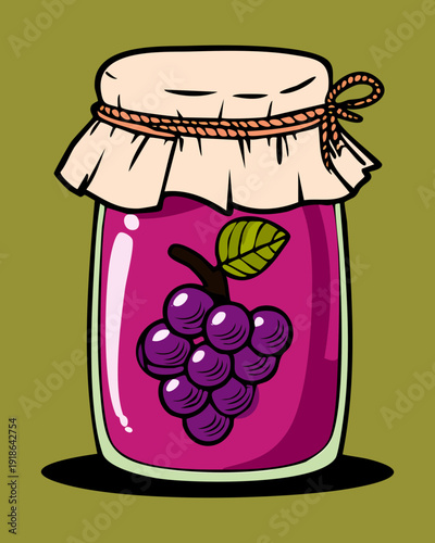 Large glass jar of grape preserve with fruit bunch for organic breakfast spread and pantry - Vector Illustration