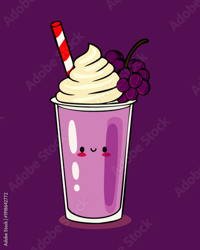 Cute grape milkshake character with whipped cream and straw for kids sweet dessert drink - Vector Illustration