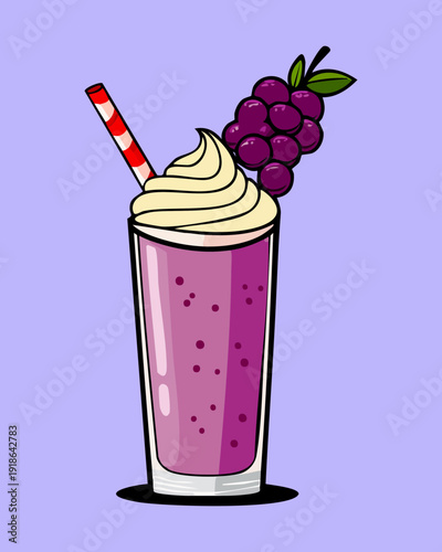 Refreshing grape shake with whipped cream and berry topping in tall glass for sweet snack - Vector Illustration