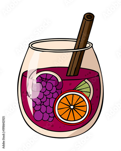 Grape sangria drink with fruit slices and cinnamon stick in glass for summer party refreshment - Vector Illustration