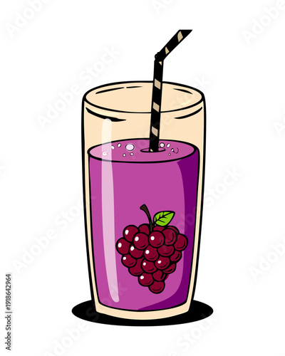 Tall glass of grape juice with fruit bunch and straw for healthy natural refreshment drink - Vector Illustration