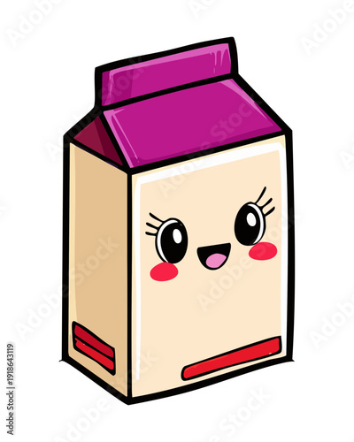 Small grape milk box with cartoon character for kids healthy snack and dairy drink menu - Vector Illustration