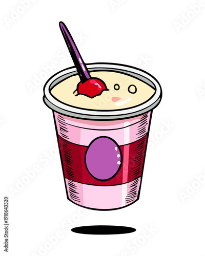 Glass of grape smoothie with berry topping and spoon for healthy sweet dessert and snack - Vector Illustration