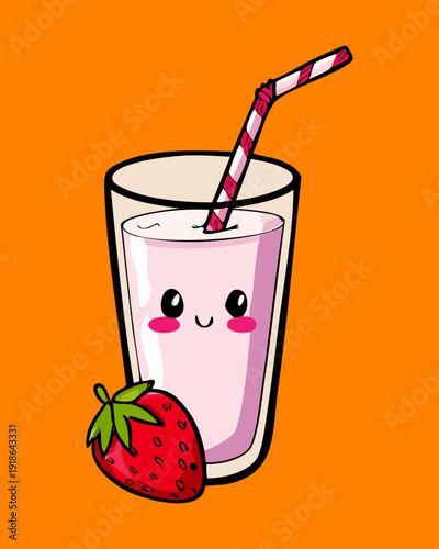 Cute cartoon strawberry milk with smiley face and straw for kids healthy dairy drink menu - Vector Illustration