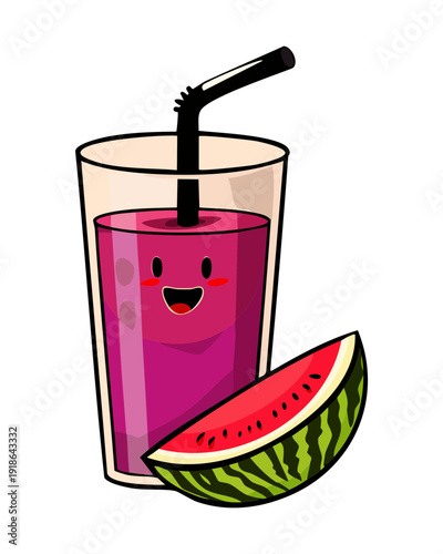 Cute cartoon watermelon drink character with smiley face and straw for kids summer refreshment drink - Vector Illustration