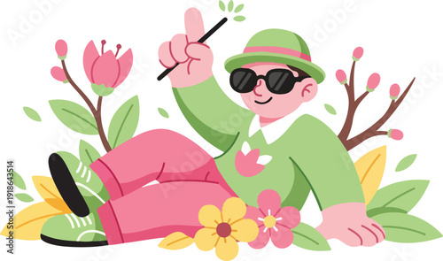 Relaxed Young Man Character Chilling in Flower Garden for Spring Break and International Day of Happiness