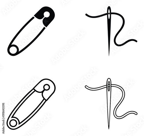 Line art sewing accessories set featuring safety pins and needles with thread for craft and textile design