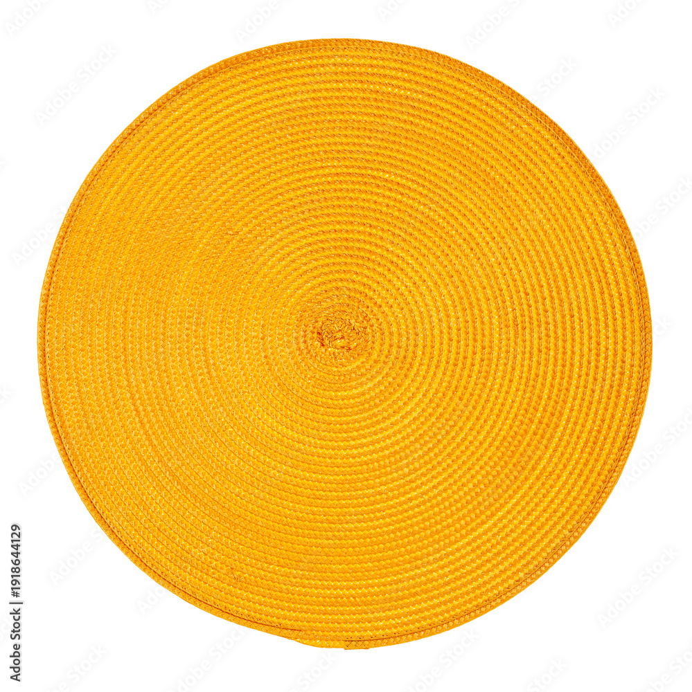 Fototapeta premium Round vibrant yellow woven rope coaster with spiral pattern isolated on white, PNG