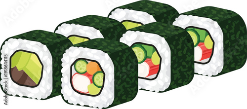 Sushi Rolls with Avocado and Vegetables Illustration