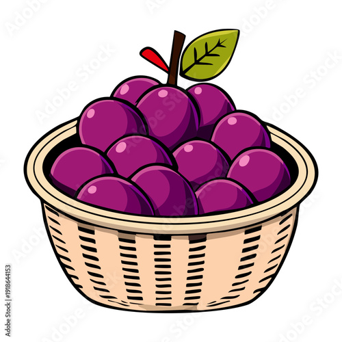 Traditional round woven basket brimming with ripe purple grapes for winery branding and local farmers market promotion design - Vector Illustration