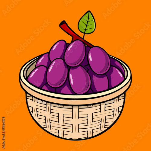 Hand drawn wicker basket filled with fresh purple grapes perfect for harvest festival and healthy fruit snack concept - Vector Illustration