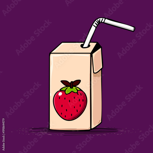 Cardboard juice box carton with strawberry icon filled with purple grape blend for kids healthy school lunch break - Vector Illustration