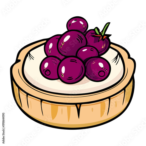 Small crusty tartlet topped with juicy purple grapes and creamy custard filling for delicious French bakery pastry display - Vector Illustration