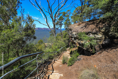 Stairs descending toward Sublime Point lookout in the Blue Mountains overlooking Jamison Valley with forested landscape and sandstone cliffs in natural daylight.