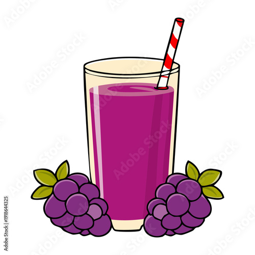 Glass of sparkling purple grape juice with straw and two extra bunches for healthy antioxidant rich drink concept - Vector Illustration