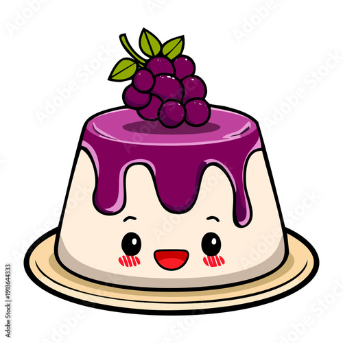 Cute kawaii style purple grape panna cotta pudding with a smiley face for fun kids dessert shop branding - Vector Illustration