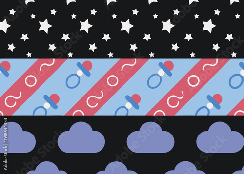 Pattern set with night sky stars, baby pacifiers on stripes, and purple clouds on a dark background.