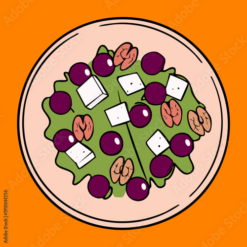 Healthy green salad bowl with purple grapes and feta cheese for light vegetarian lunch and diet meal planning - Vector Illustration
