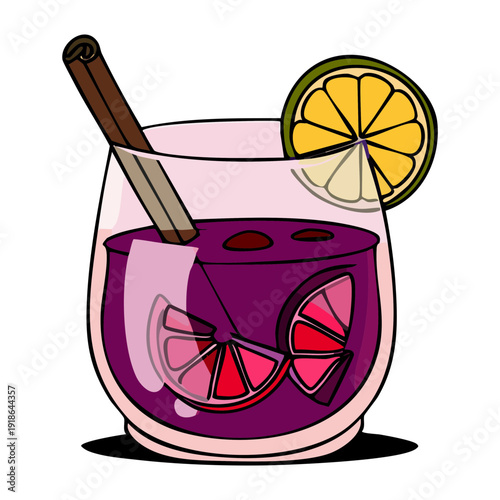 Glass of mulled purple grape wine with cinnamon stick and lemon for cozy winter drink and holiday party - Vector Illustration