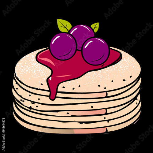 Delicious pancakes with purple grape topping and melting syrup for appetizing morning food photography and recipe book design - Vector Illustration