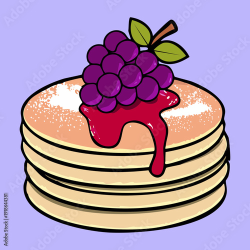 Three thick pancakes drizzled with sweet purple grape sauce for decadent weekend brunch and restaurant breakfast special advertisement - Vector Illustration