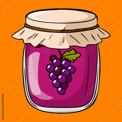 Tall glass jar filled with fresh purple grape jelly and decorated with a small grape bunch for branding - Vector Illustration