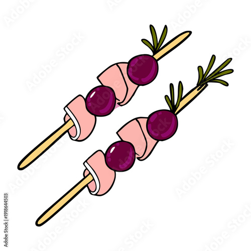 Two skewers with purple grapes and meat or cheese cubes for party appetizers and gourmet snack catering menu - Vector Illustration
