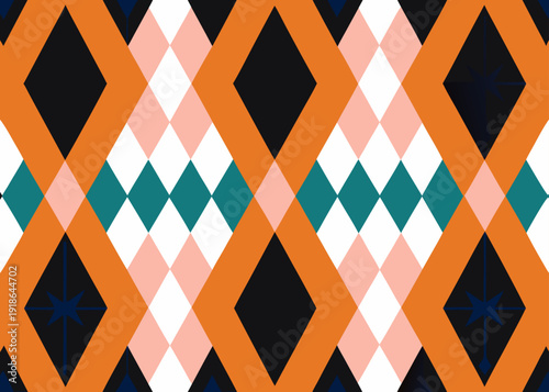 Geometric argyle pattern with orange black white pink and teal diamond shapes
