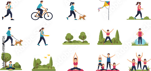 Diverse people vector characters engaging in outdoor wellness activities like yoga, running, walking dogs, cycling, and fitness exercise.