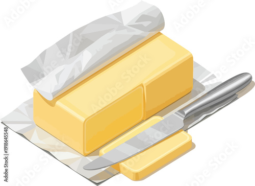 Butter Block with Knife on Parchment Paper Illustration