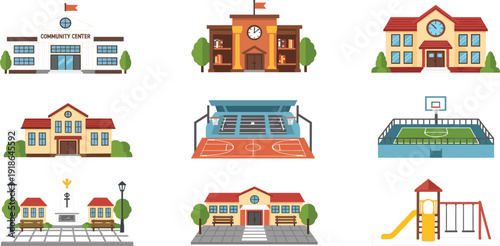 Modern public building vector set featuring community center, school, library, basketball stadium, sports court, and urban educational infrastructure icons.