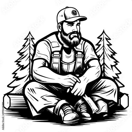 Minimal vector lumberjack icons, man sawing log, cutting trunk, climbing tree with safety rope, high contrast design